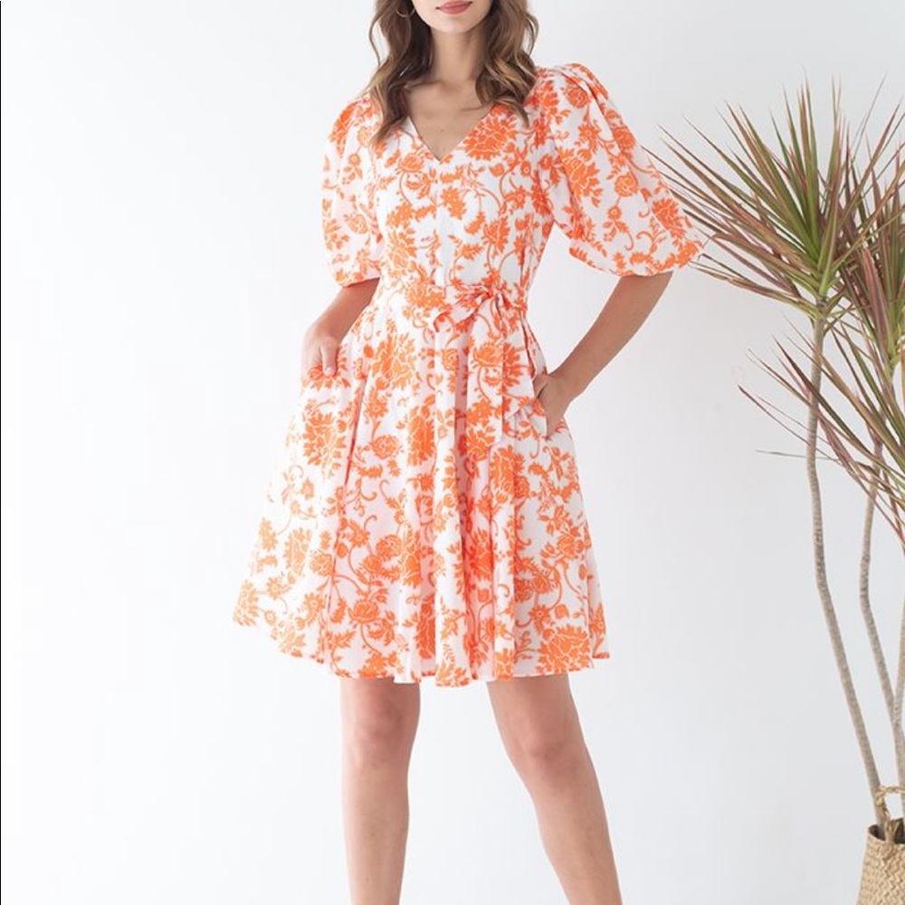 Orange Puff Sleeves Dress